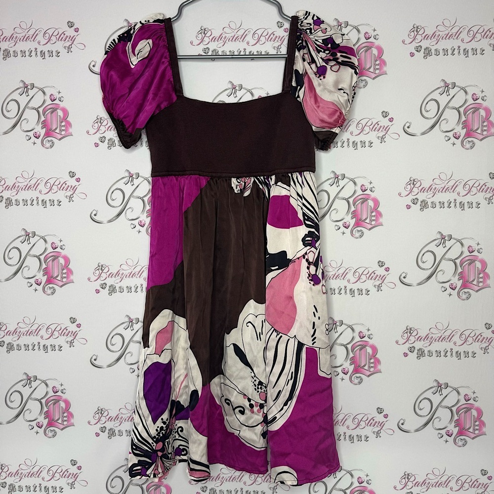 Bebe dress silk floral brown puff shoulders adorable y2k rare 2000s babydoll